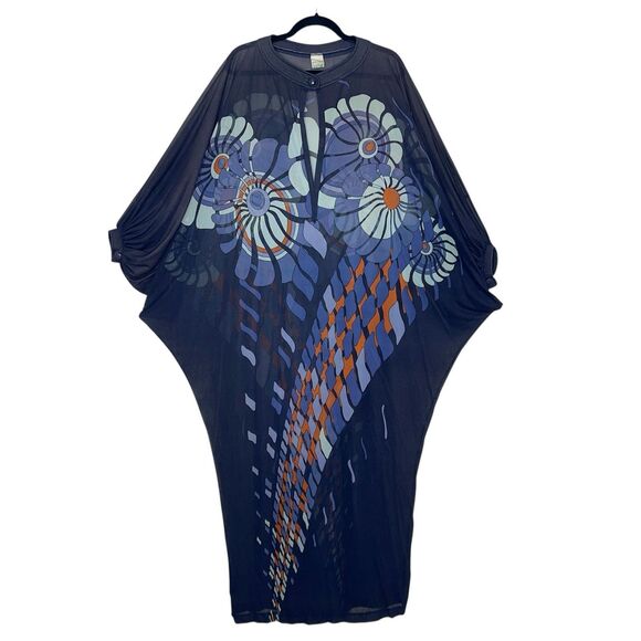 Vintage 1970s Gottex Maxi Dress Swim Cover Caftan Flowey Boho Blue Floral Medium - Picture 13 of 16